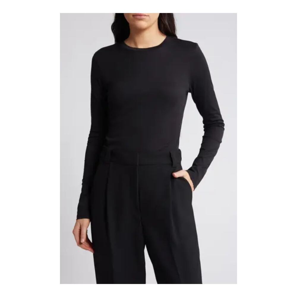 Theory Black Long Sleeve Semi Sheer Crew Neck Top Womens Small